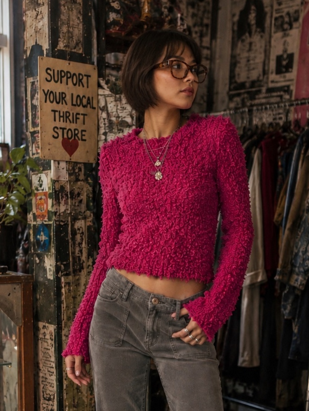 Free People September Bouclé Shaggy Hot Pink Shrunken Sweater XS